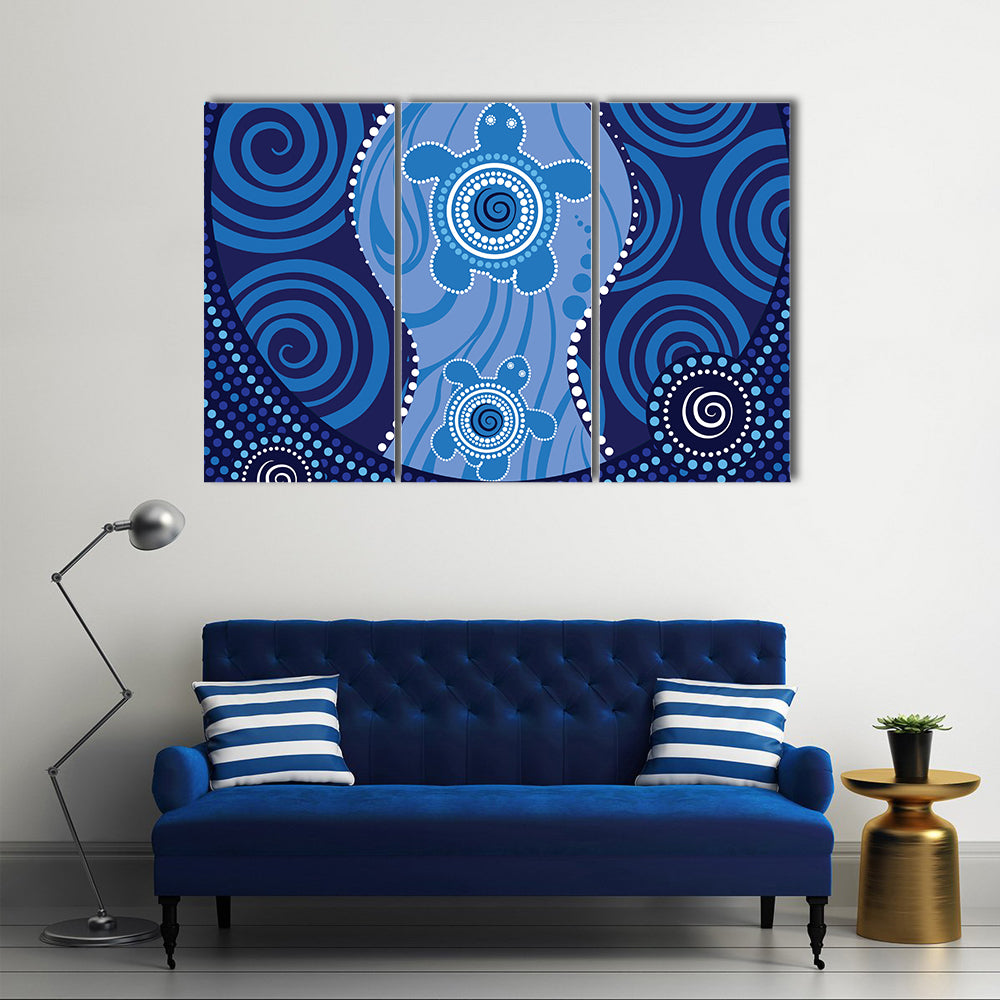 Blue Aboriginal Sea Turtles Dot Painting Canvas Wall Art