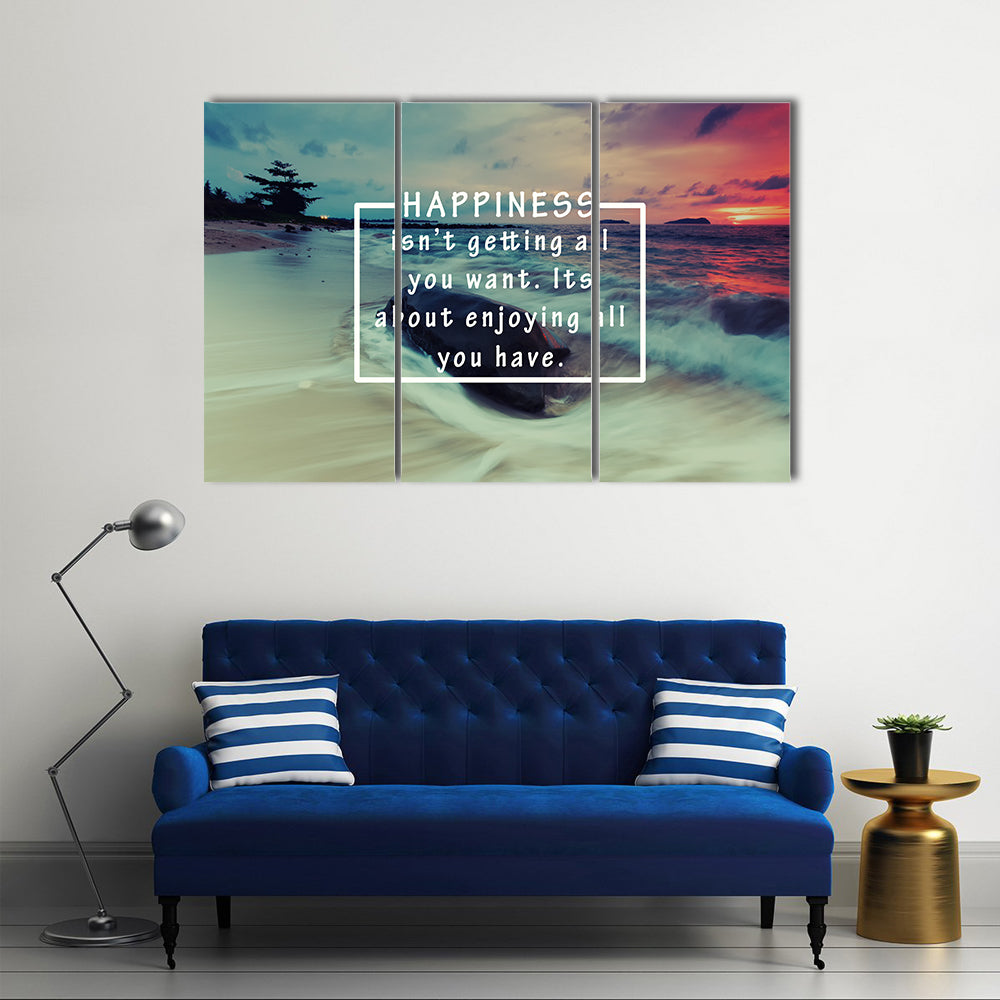 Happiness Quote Over Sunset Beach Canvas Wall Art