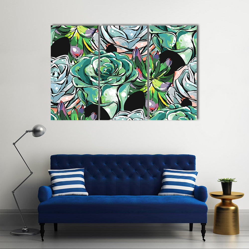 Succulent Cacti Flowers Pattern Canvas Wall Art