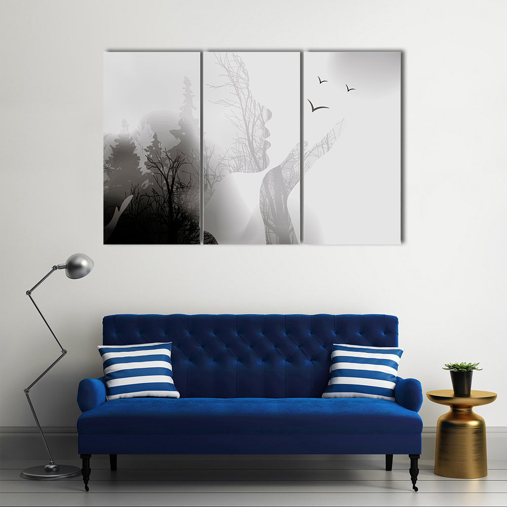 Woman Silhouette with Forest and Birds Canvas Wall Art