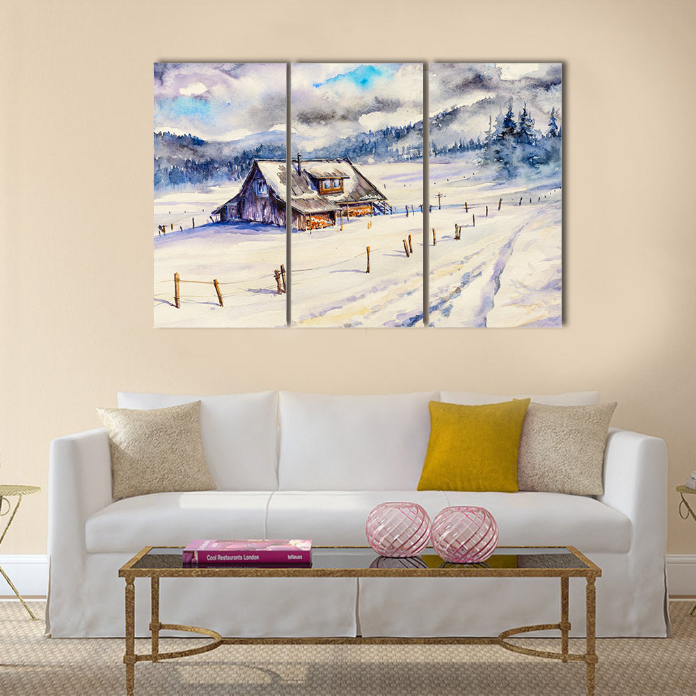 Snowy Cottage in Winter Mountains Canvas Wall Art