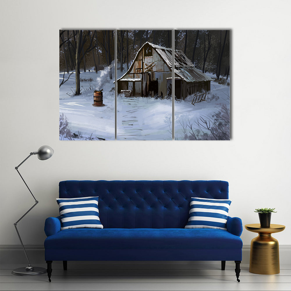 Small Cottage House In The Winter Forest Canvas Wall Art