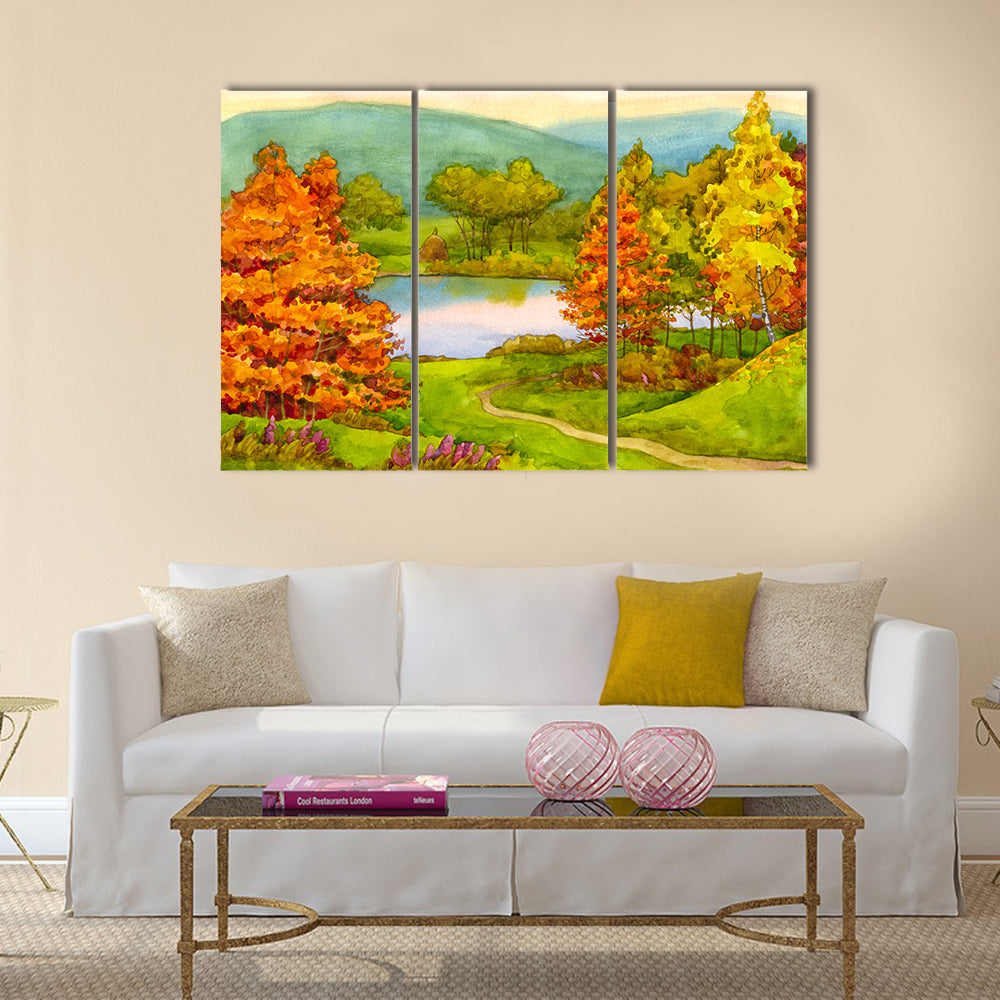 Watercolor Autumn Landscape with Winding Path Canvas Wall Art