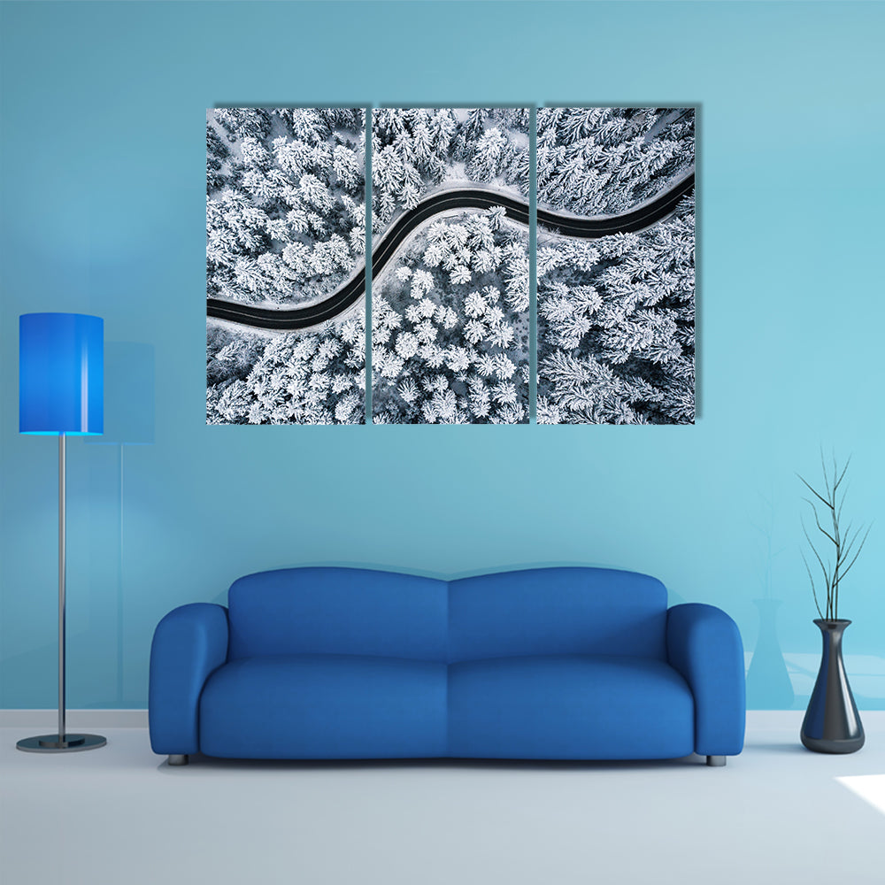 Curvy Windy Road In Snow Covered Forest Canvas Wall Art