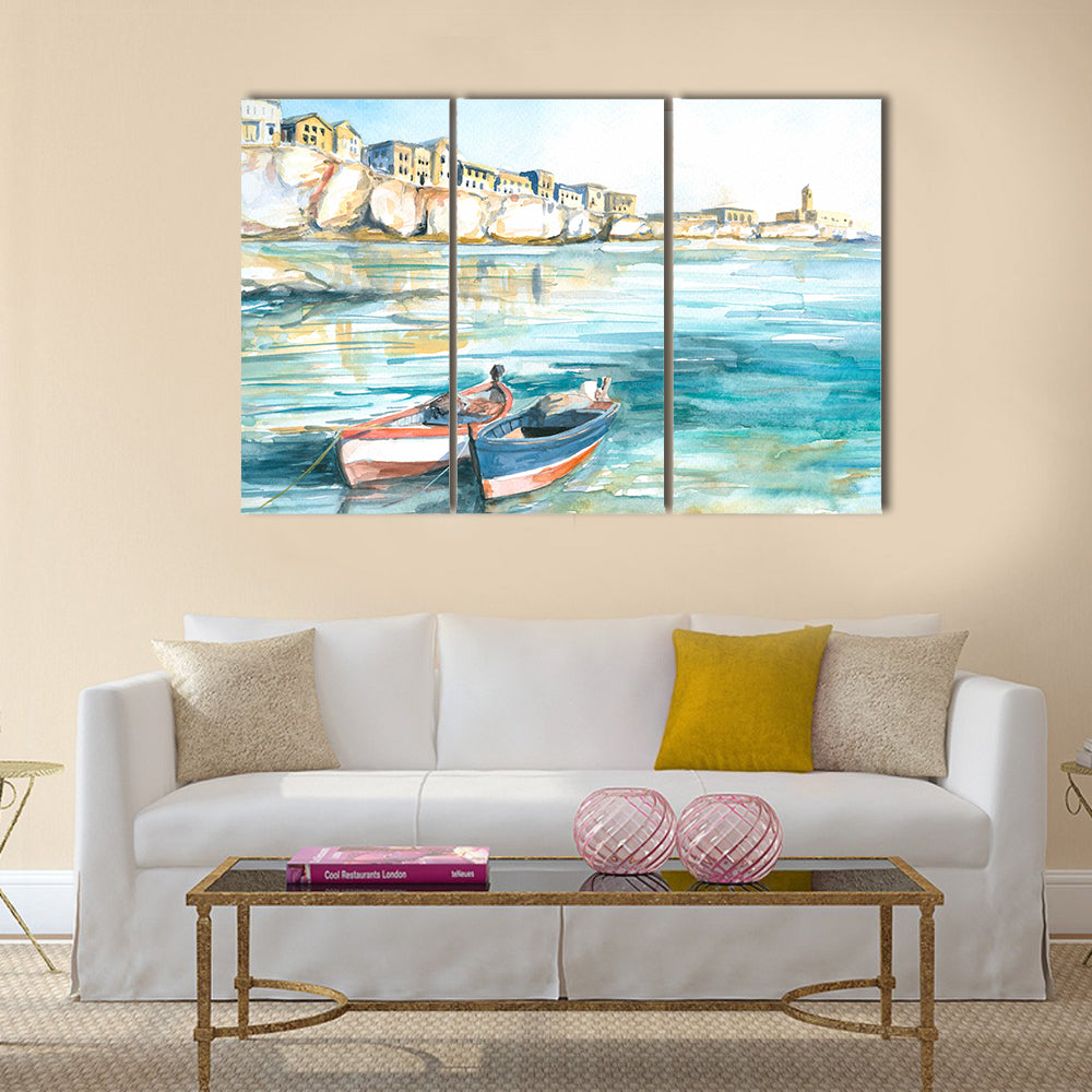 Two Rowboats in Sunny Coastal Watercolor Canvas Wall Art