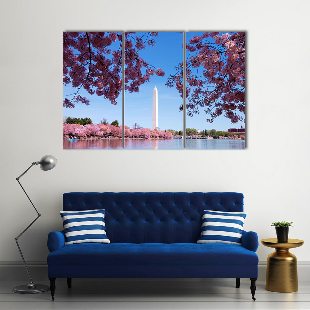 Cherry Blossom And Washington Monument Over Lake Canvas Wall Art