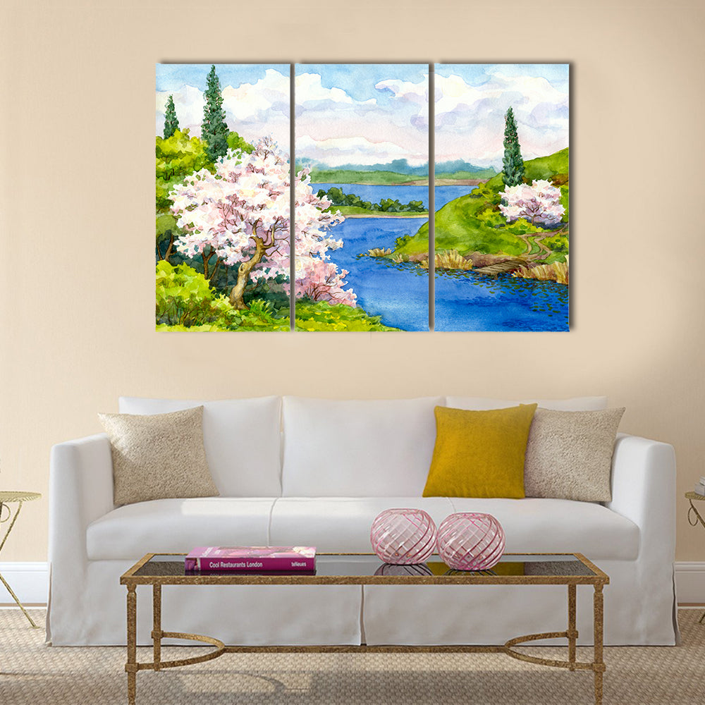 Spring Cherry Blossom Lake Landscape Canvas Wall Art in green, blue and pink, framed canvas, product view on a white background