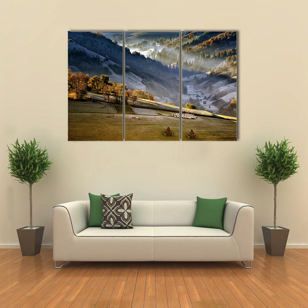 Shepherd With Sheep Heard In The Mountains Of Romania Canvas Wall Art