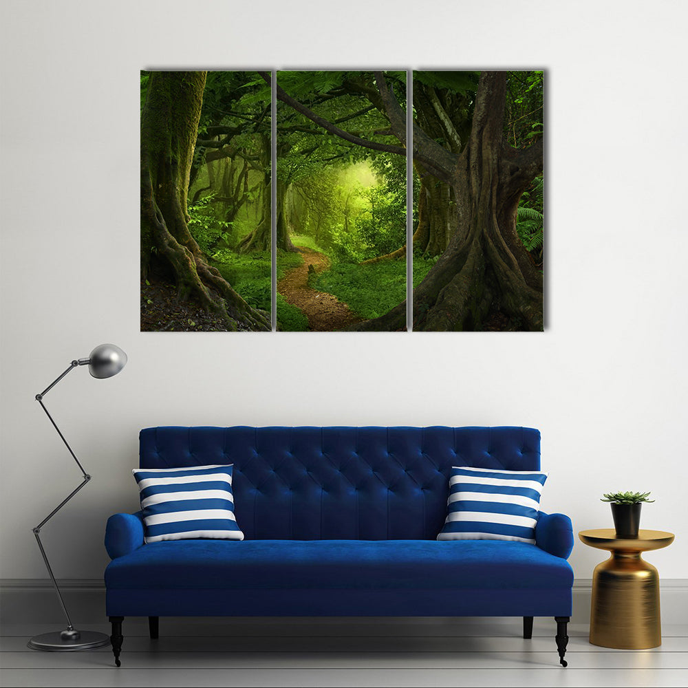 Deep Jungle Path in Southeast Asia Canvas Wall Art in brown and green, 3 panel horizontal set hung on a wall
