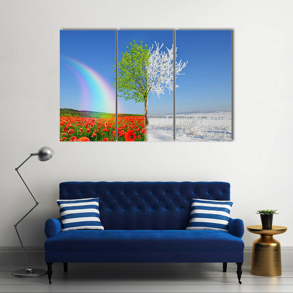 Split-season Tree with Poppies and Snow Canvas Wall Art in white, red and blue, 3 panel horizontal set hung on a wall