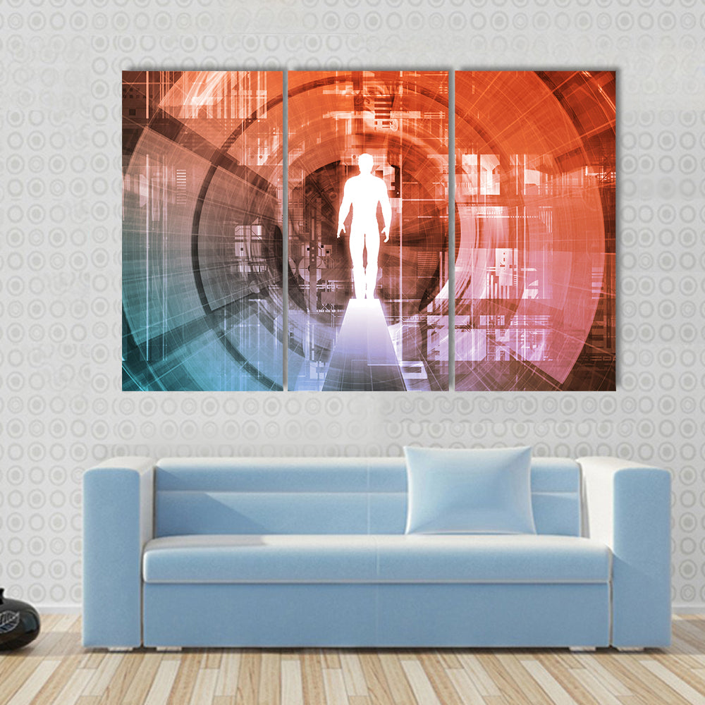 Technology Gateway with Glowing White Figure Canvas Wall Art in white, orange and blue, framed print, product view on a white background