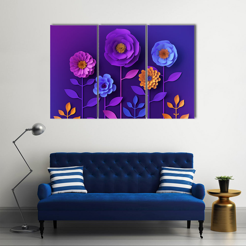 3D Colorful Neon Paper Flowers Canvas Wall Art