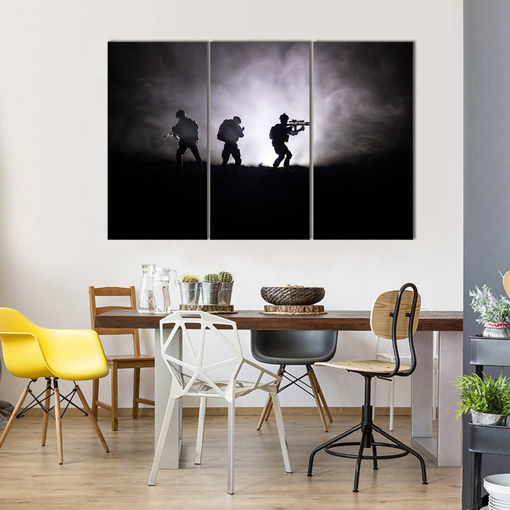 Military Soldier Silhouette With Gun Canvas Wall Art