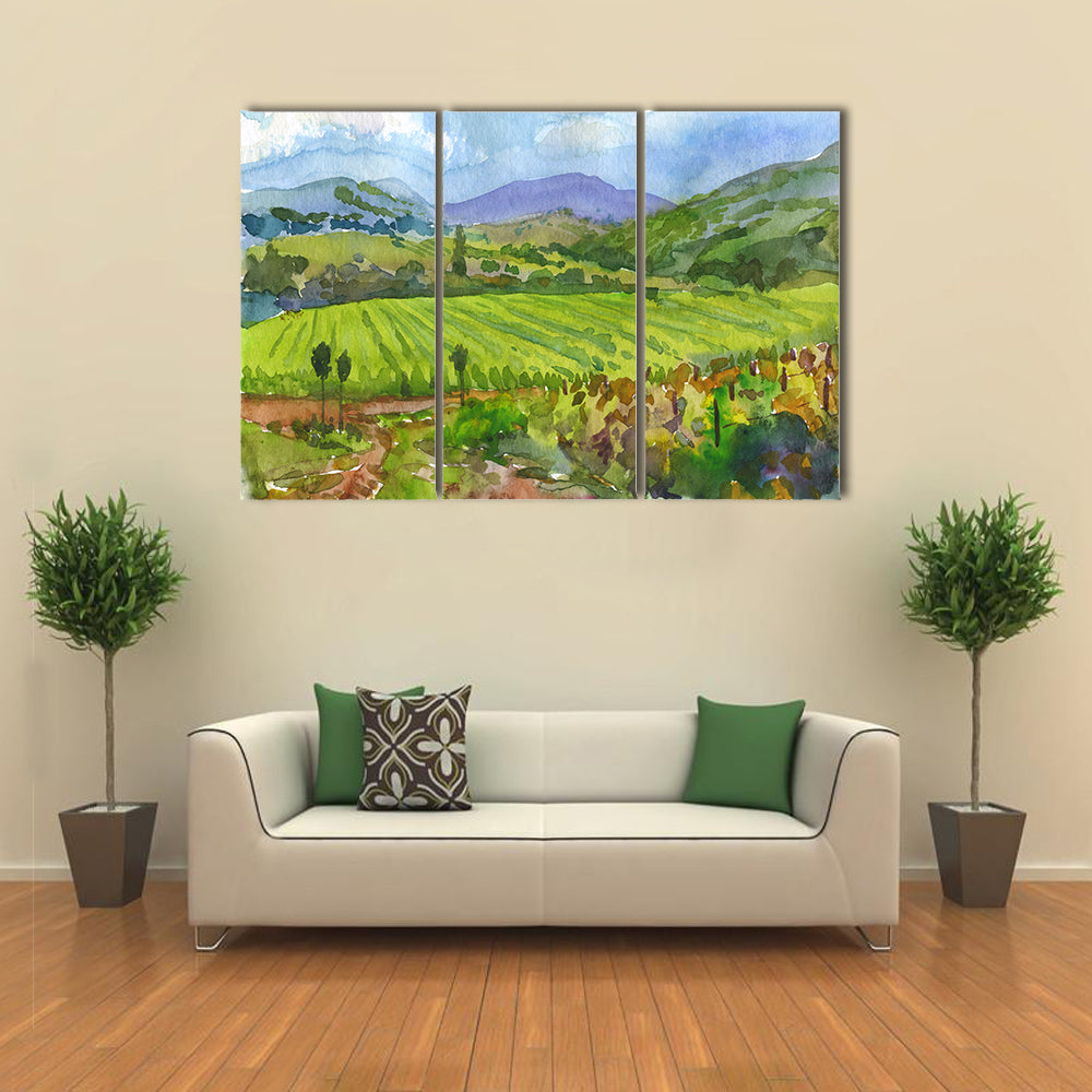 Watercolor Vineyard Landscape Canvas Wall Art