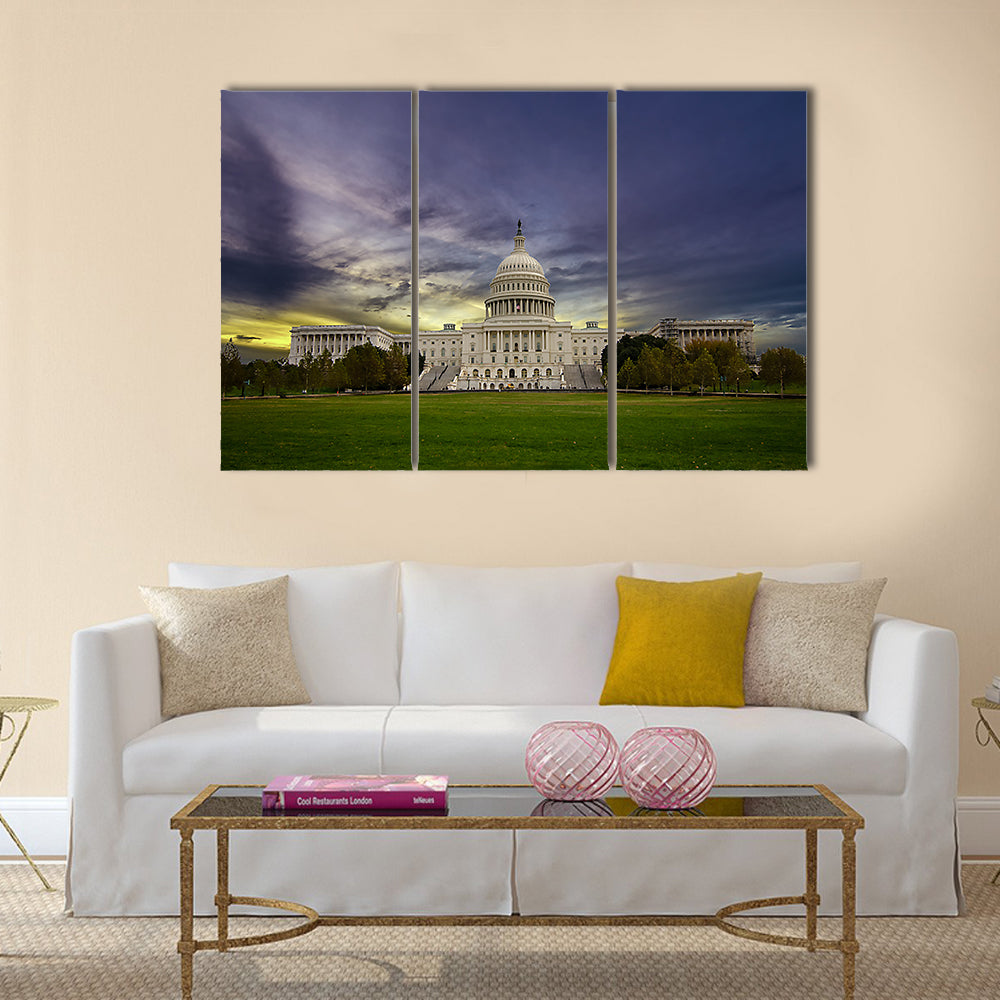 United States Capitol at Sunset Washington Dc Canvas Wall Art in green, blue and purple, 3 panel horizontal set hung on a wall