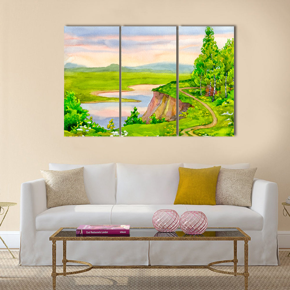 Watercolor Spring Landscape Canvas Wall Art in green, blue and pink, framed canvas, product view on a white background