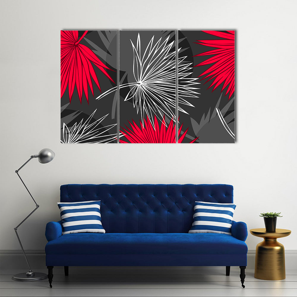 Red and Gray Palm Leaf Pattern Canvas Wall Art