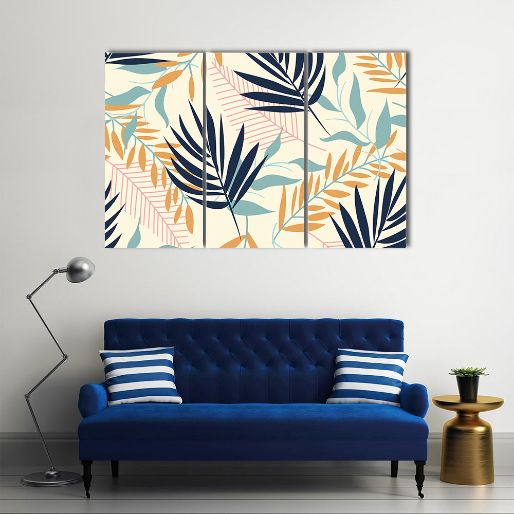Tropical Leaves Pattern in Navy and Mustard Canvas Wall Art