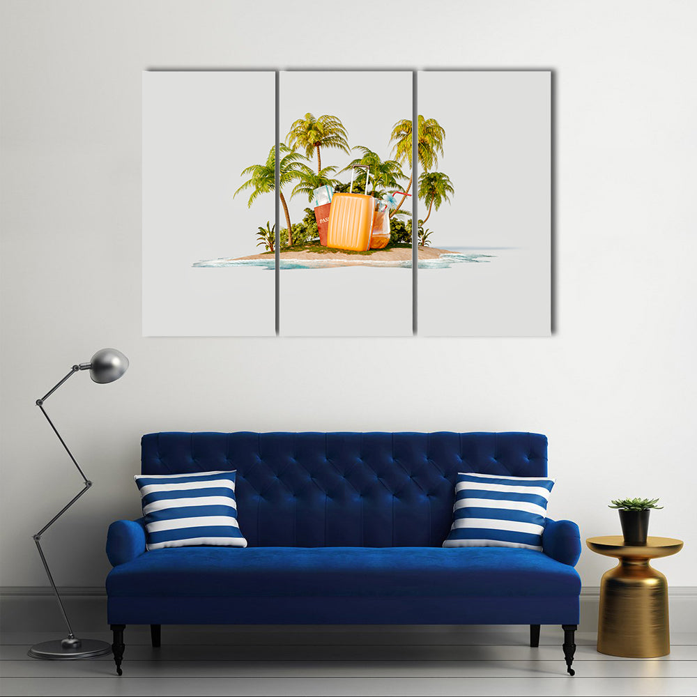 Tropical Island with Bright Orange Suitcase Canvas Wall Art