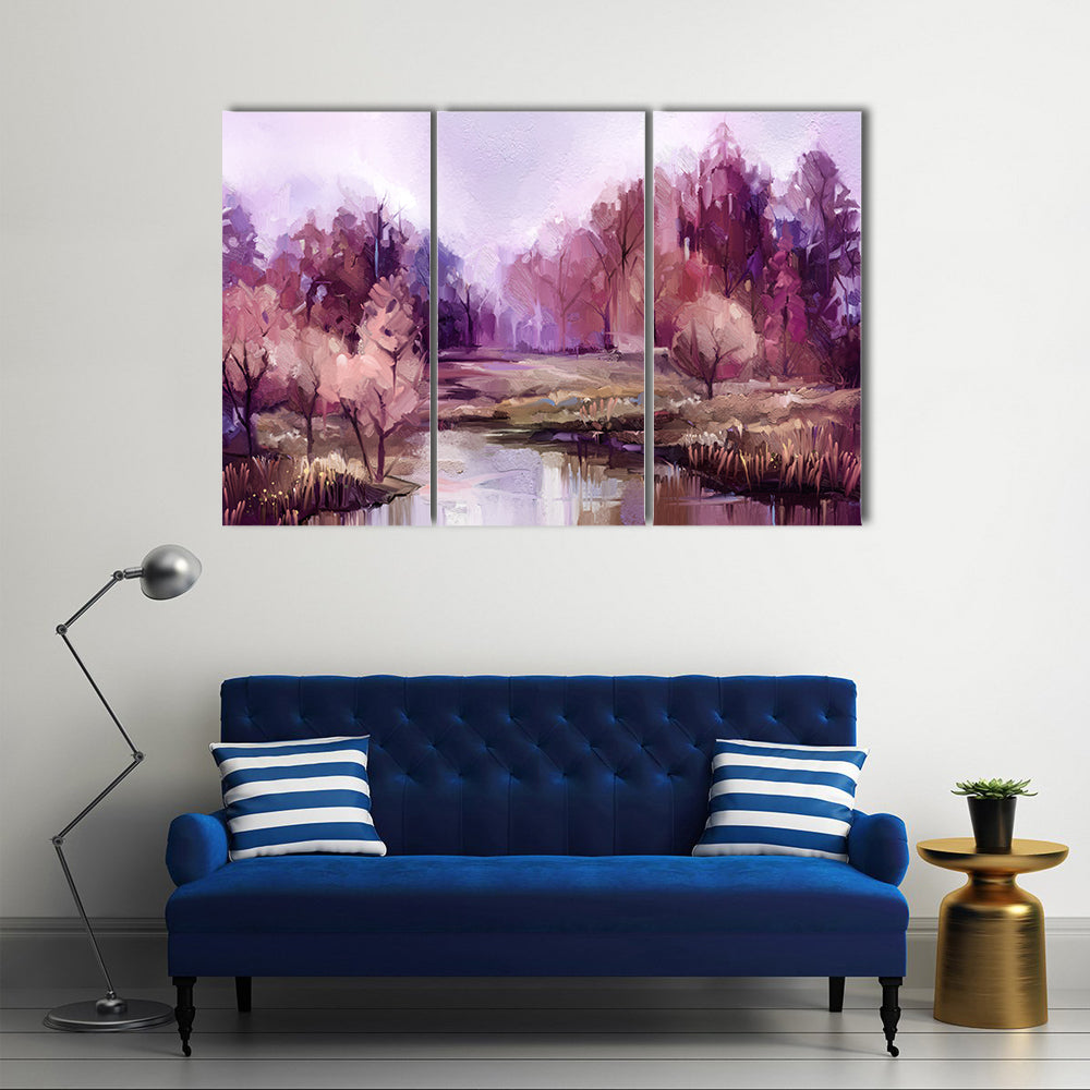 Autumn Forest Lake in Lavender Hues Canvas Wall Art