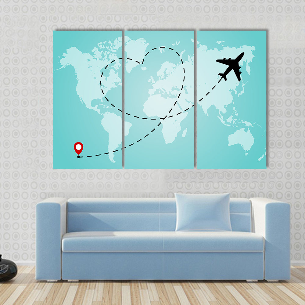 World Map With Airplane Canvas Wall Art
