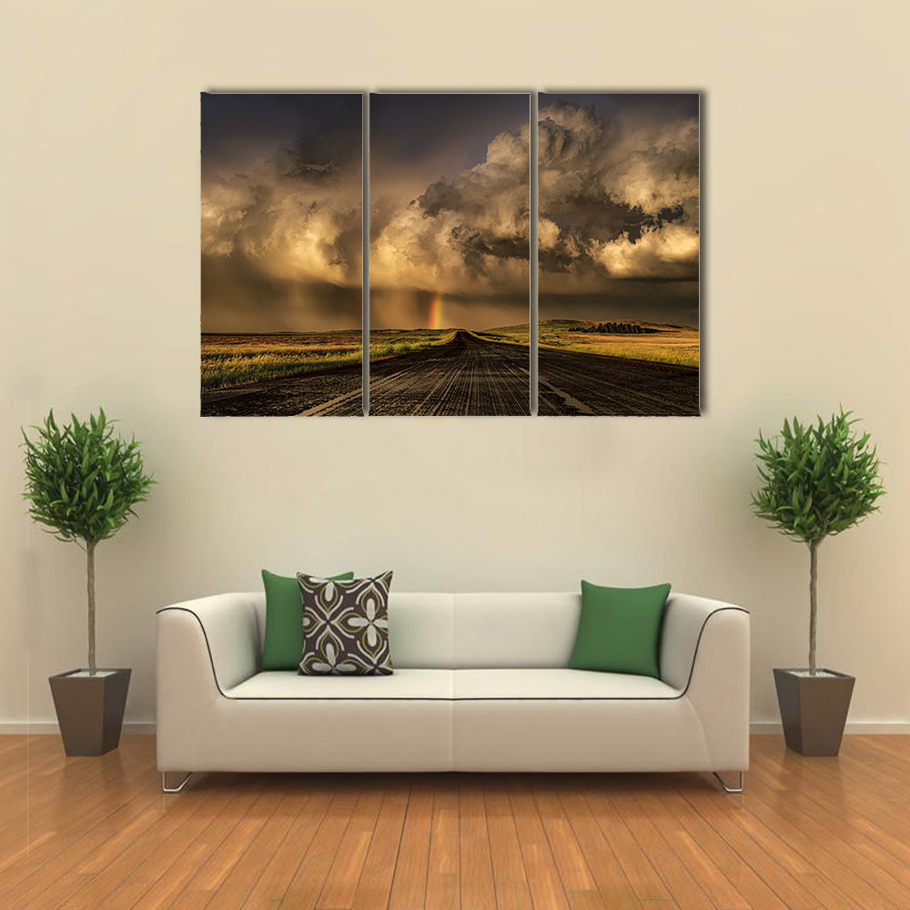 Travel Through South Dakota Border  Near Lemmon Town Canvas Wall Art in black, gray and orange, 3 panel horizontal set hung on a wall