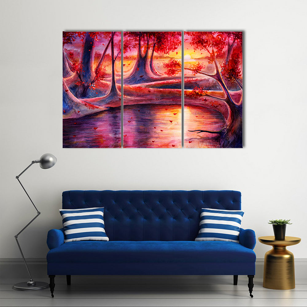 Autumn Lake Forest Watercolor Canvas Wall Art