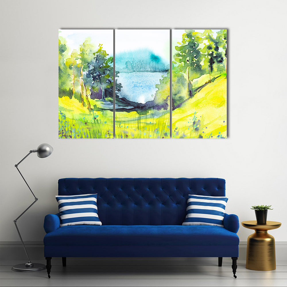 Watercolor Forest By Lake Canvas Wall Art