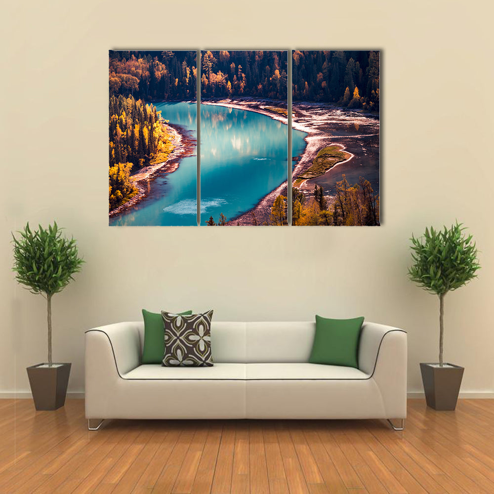 Xinjiang Kanas River In China Canvas Wall Art in green, turquoise and blue, 3 panel horizontal set hung on a wall