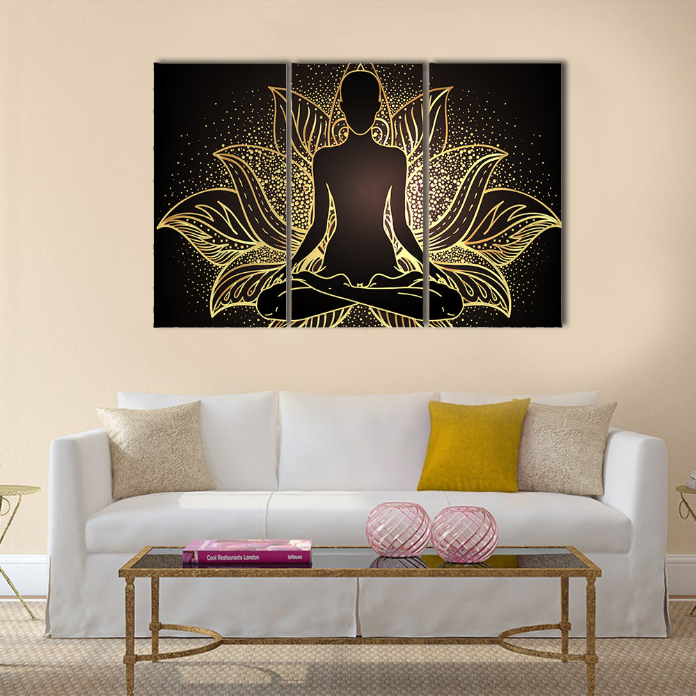 Silhouette In lotus Position Over Ornate Mandala Canvas Wall Art