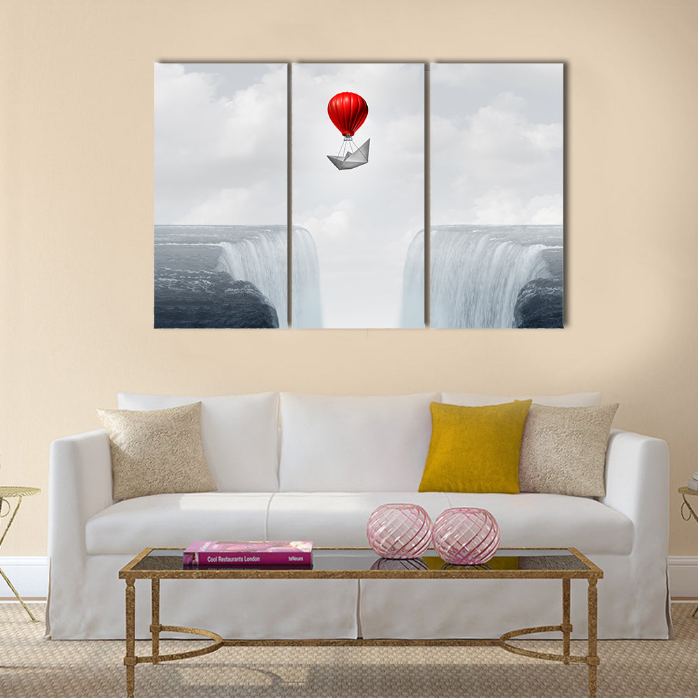 Red Balloon and Paper Boat Above Twin Waterfalls Canvas Wall Art