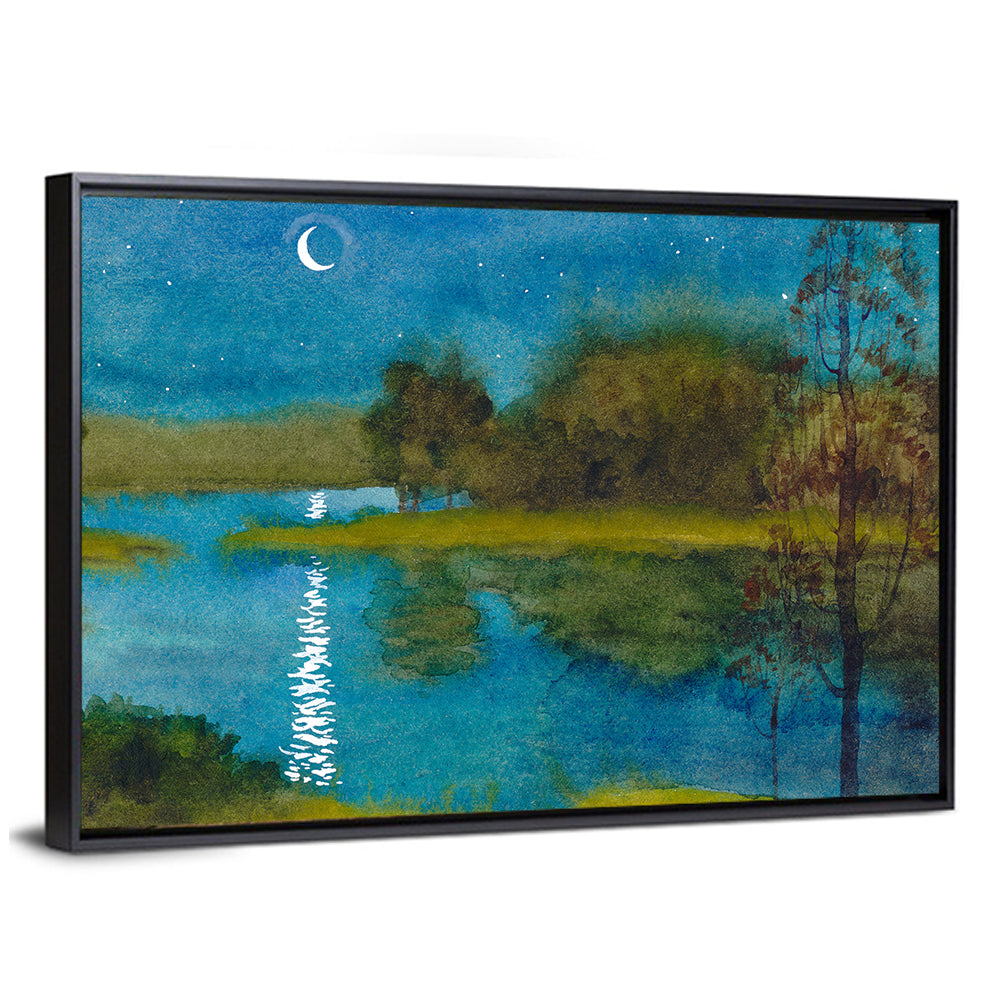 Moonlit River Watercolor Landscape Canvas Wall Art