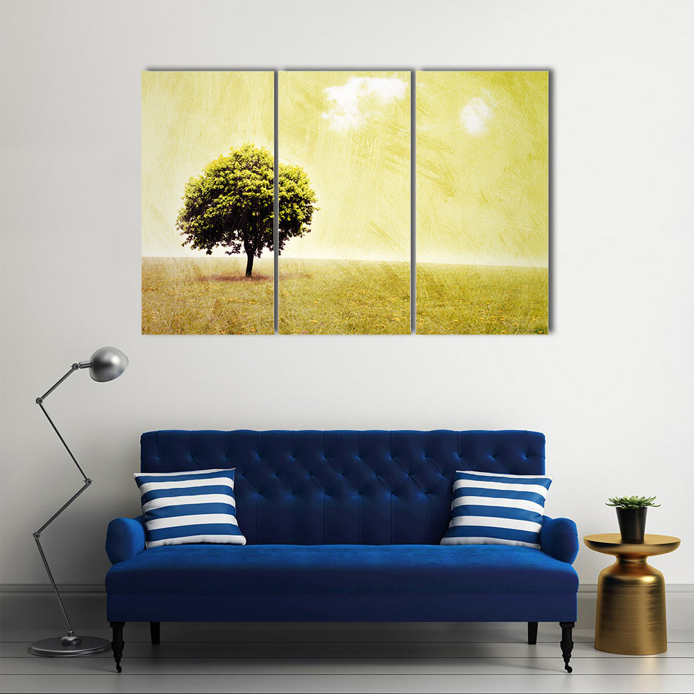 Lone Tree in Yellow Meadow Canvas Wall Art
