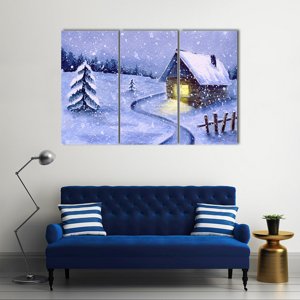 Snowy Cabin with Winding Path Canvas Wall Art