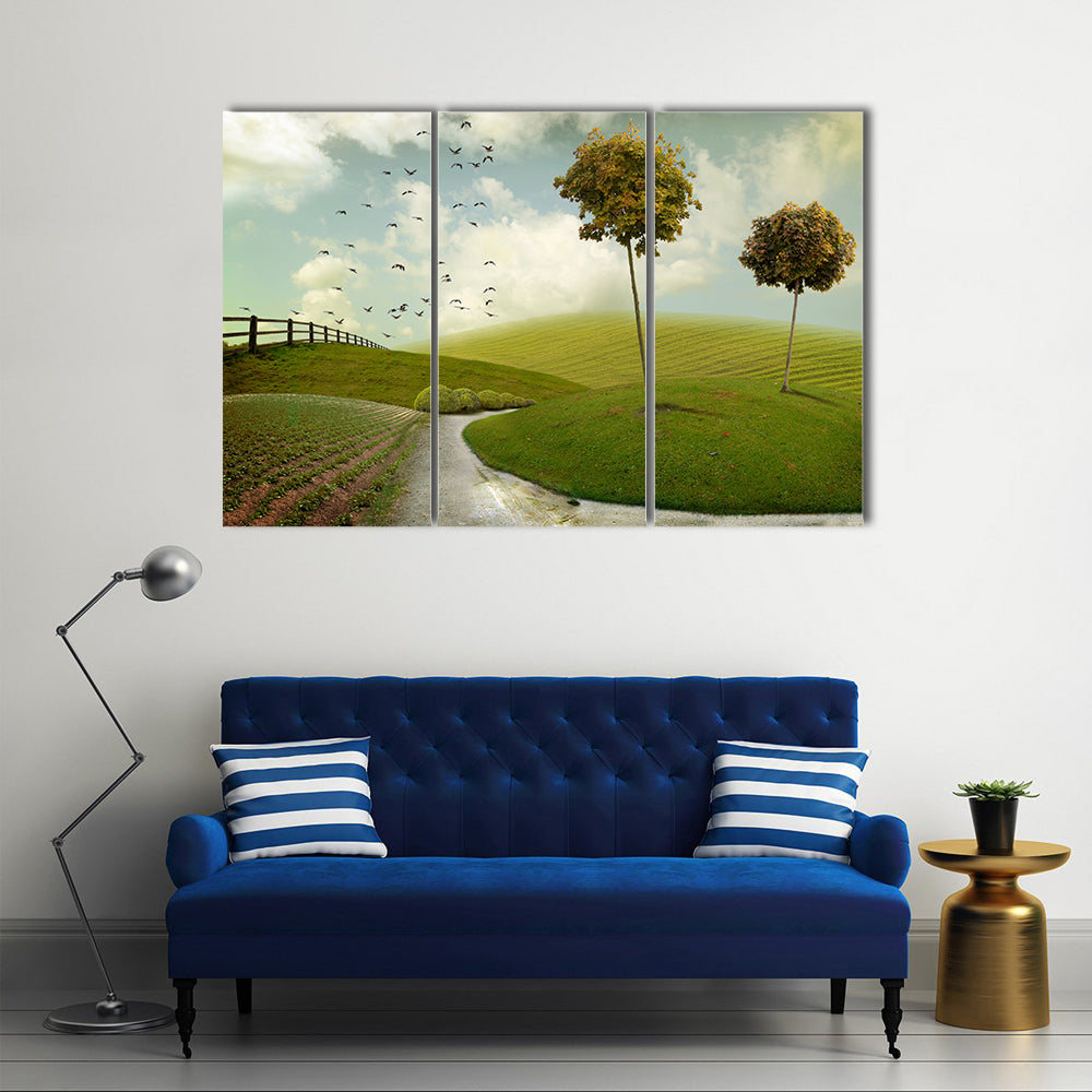 Winding Path Through Surreal Green Hills Canvas Wall Art in white, yellow and green, 3 panel horizontal set hung on a wall