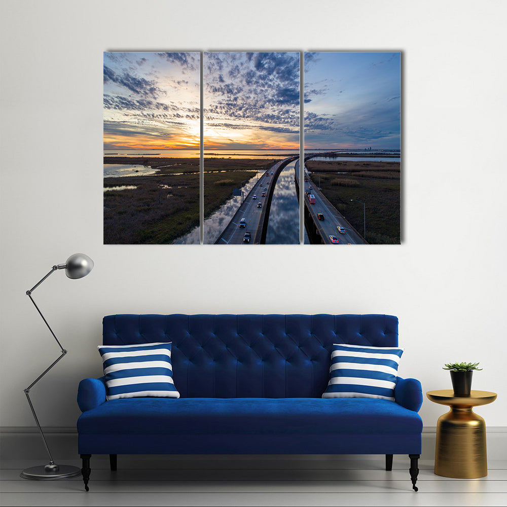 Sunset Over Highway Bridge Canvas Wall Art
