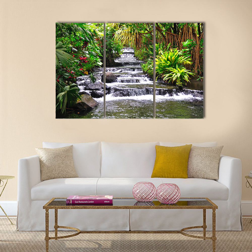 Tabacon Hot Springs Costa Rica Canvas Wall Art in white, gray and green, 3 panel horizontal set hung on a wall