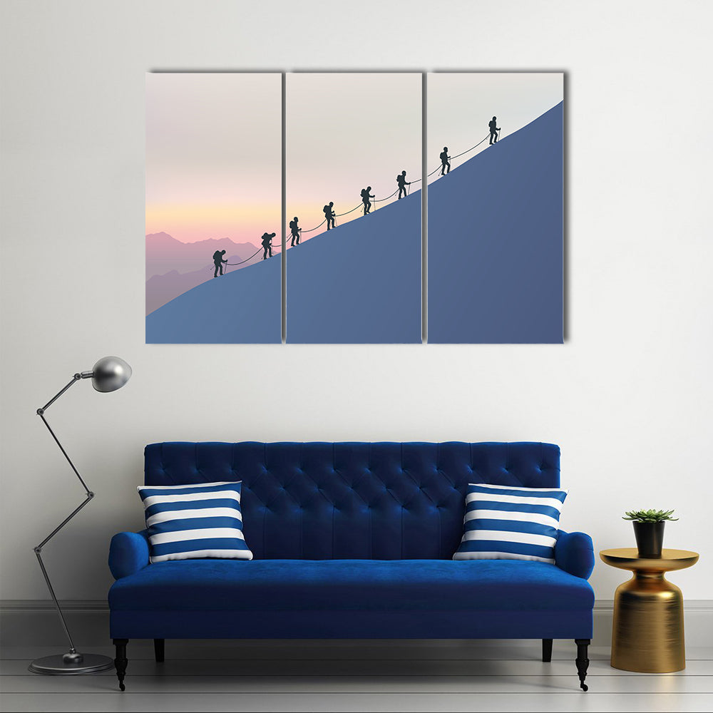 Roped Mountaineers on Slanted Blue Slope Canvas Wall Art
