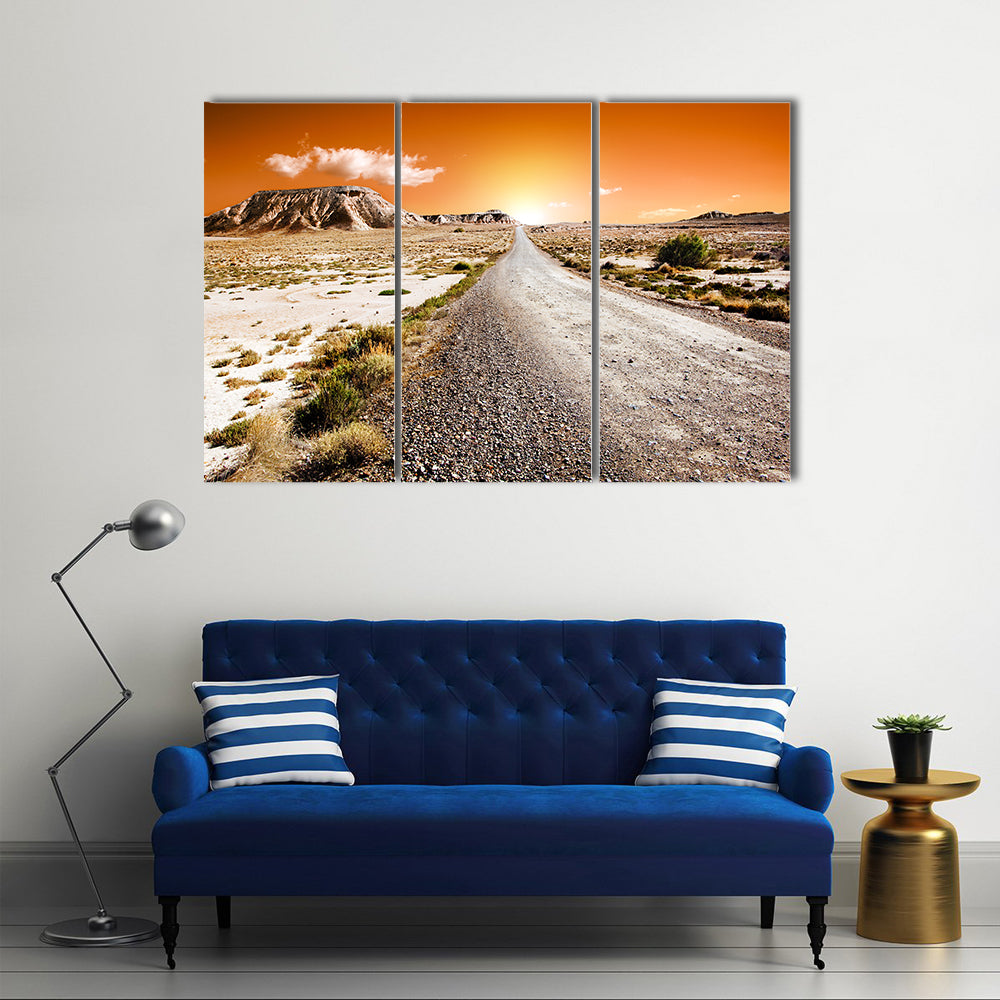 Sunset Desert Landscape With Road Canvas Wall Art