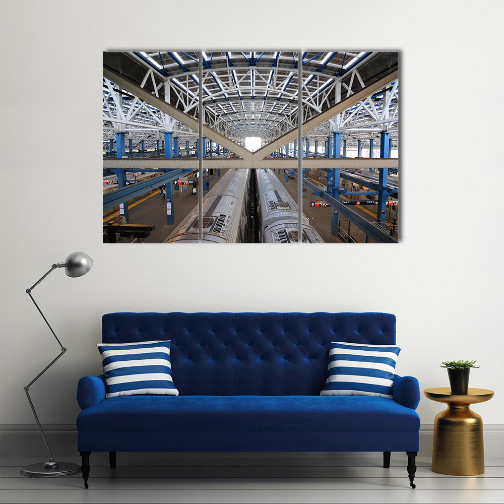 Stillwell Avenue Subway Station, Coney Island Canvas Wall Art in white, silver and blue, 3 panel horizontal set hung on a wall
