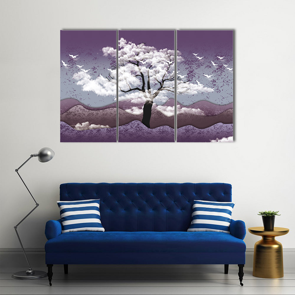 Cloud-leaf Tree Over Misty Lavender Hills Canvas Wall Art