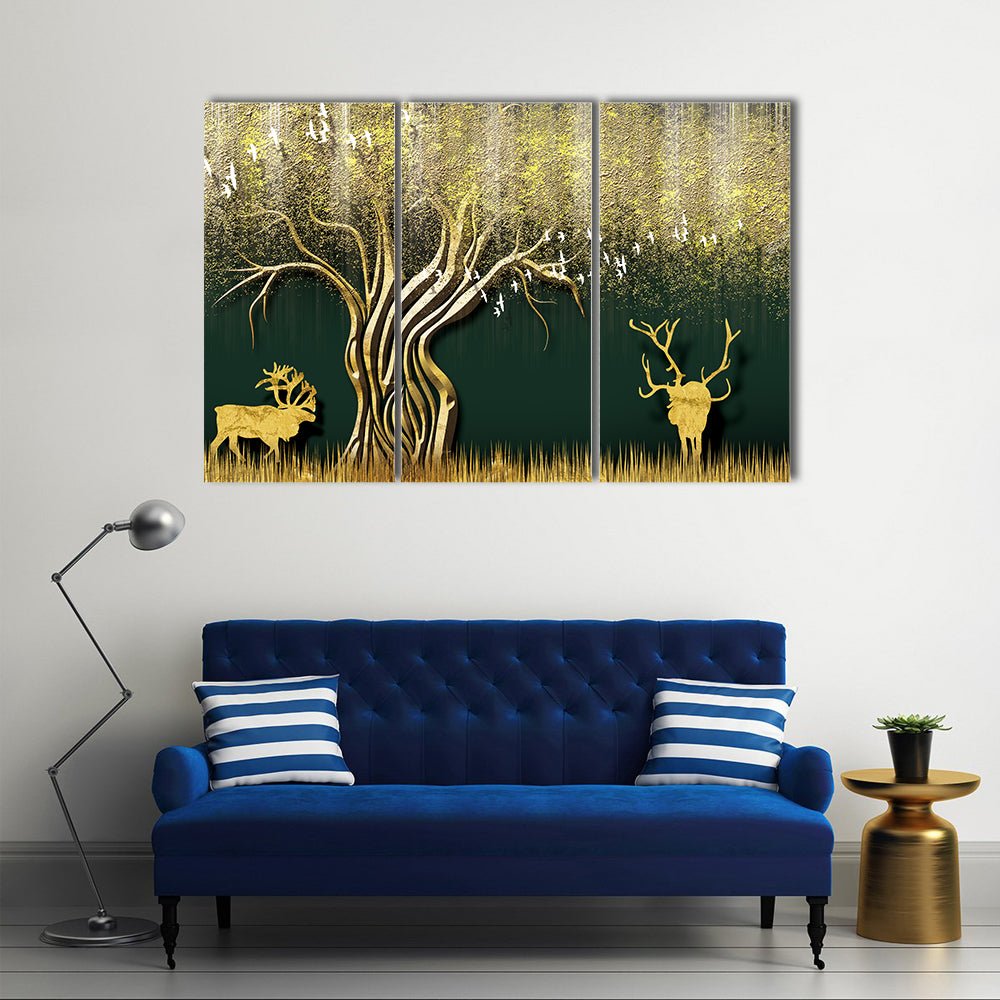 Abstract Golden Tree and Deer Silhouettes Canvas Wall Art