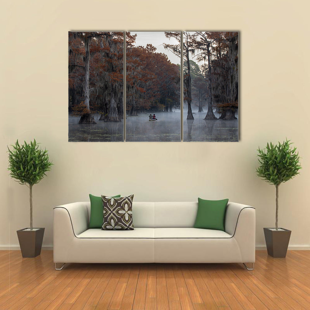 Couple Canoing At Caddo Lake In Texas Louisiana Canvas Wall Art