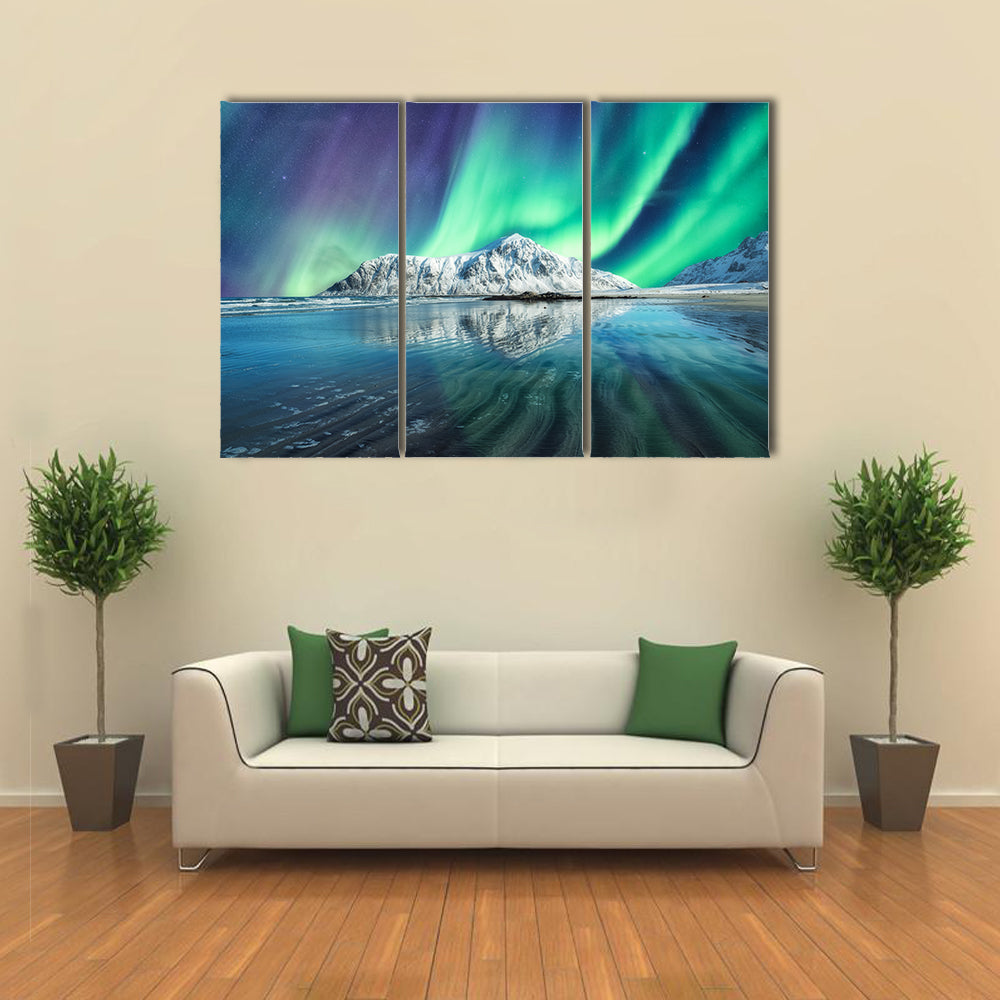 Northern Lights On Snowy Mountain In Lofoten Islands Canvas Wall Art