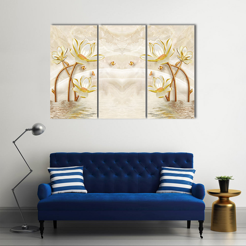 Gold-edged Lotus and Butterflies Illustration Canvas Wall Art