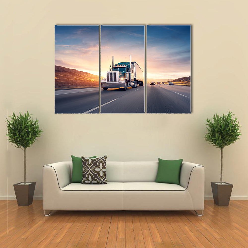 American Style Truck On Freeway Pulling Load Canvas Wall Art