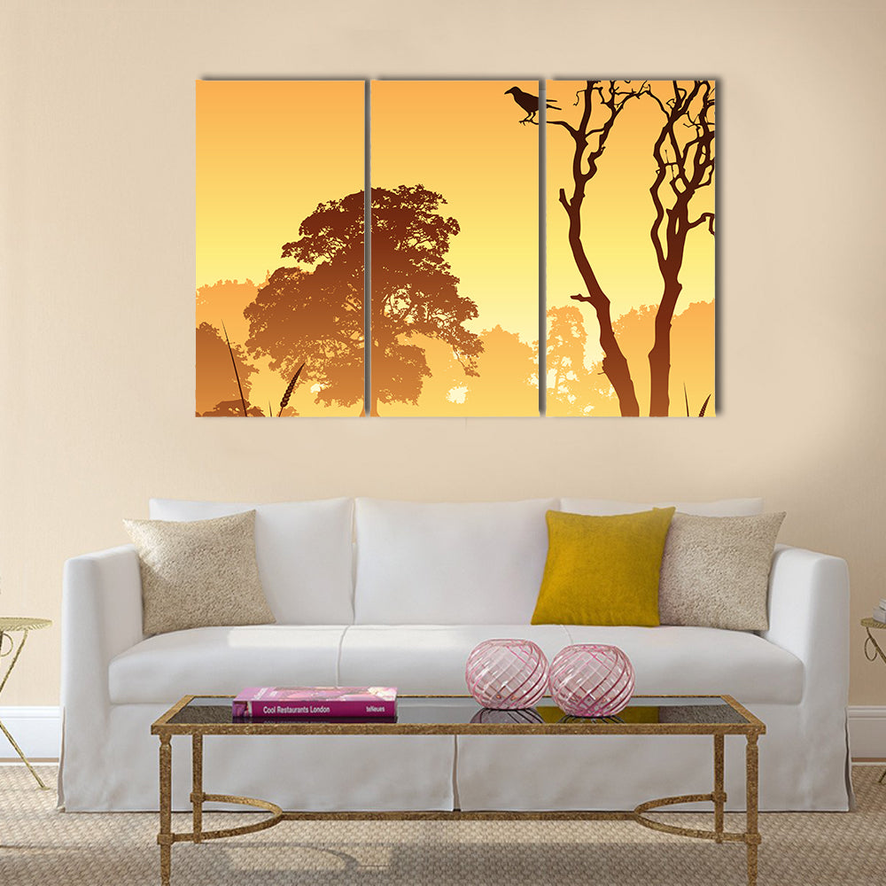 Country Meadow Landscape With Trees And Bird Canvas Wall Art