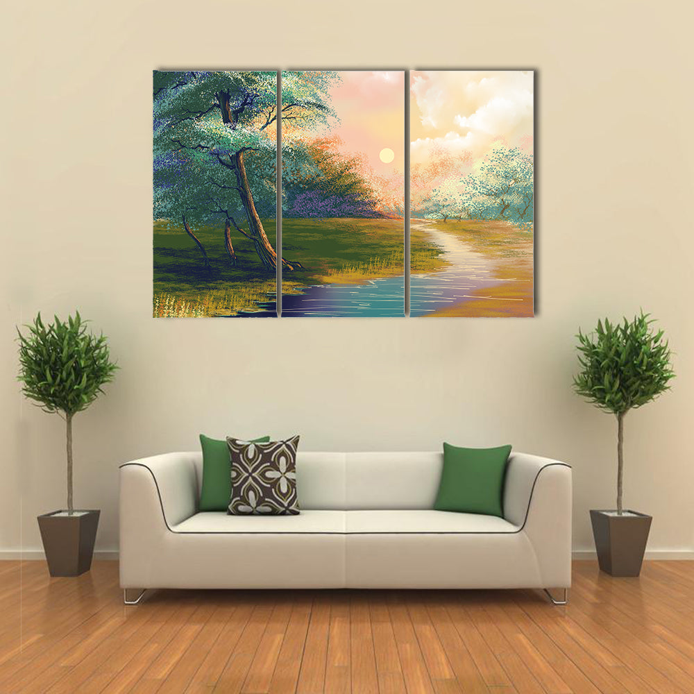 River In Spring Forest Sunset Canvas Wall Art