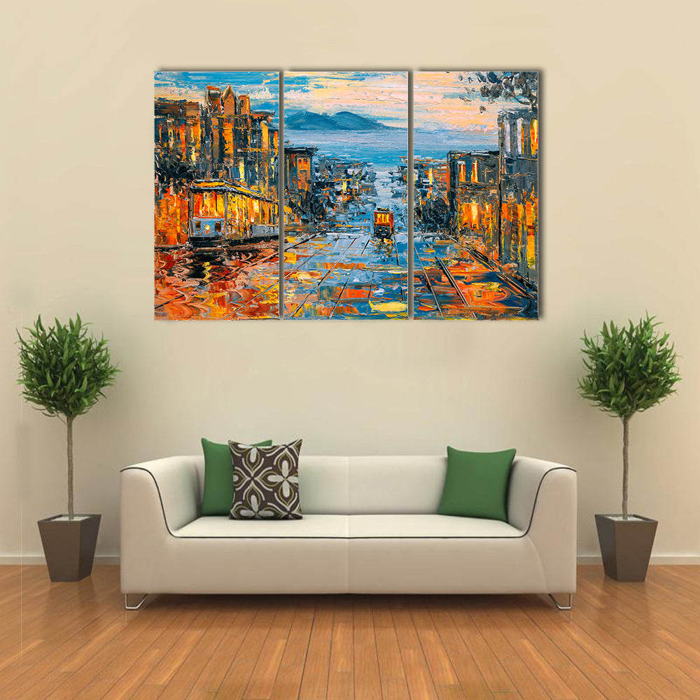 San Francisco Cable Cars on Rain-soaked Street Canvas Wall Art