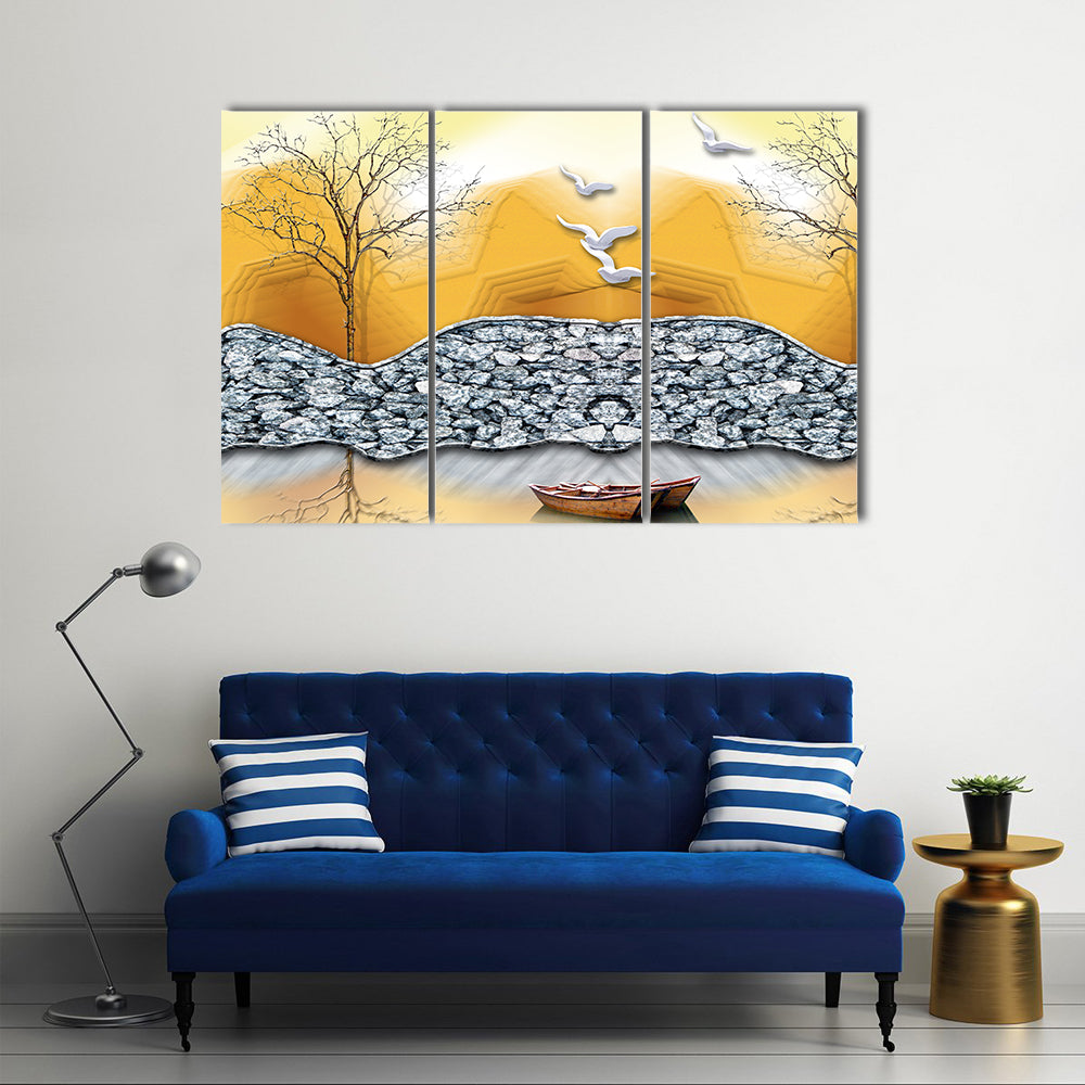 3d Lake Illustration with Boat Canvas Wall Art